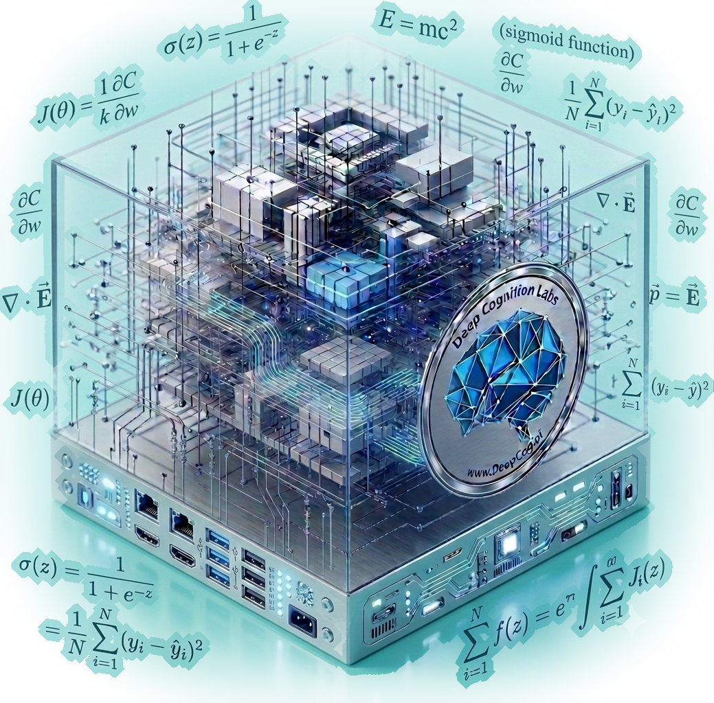 Deep Cognition Labs LLM model — transparent neural cube with mathematical equations