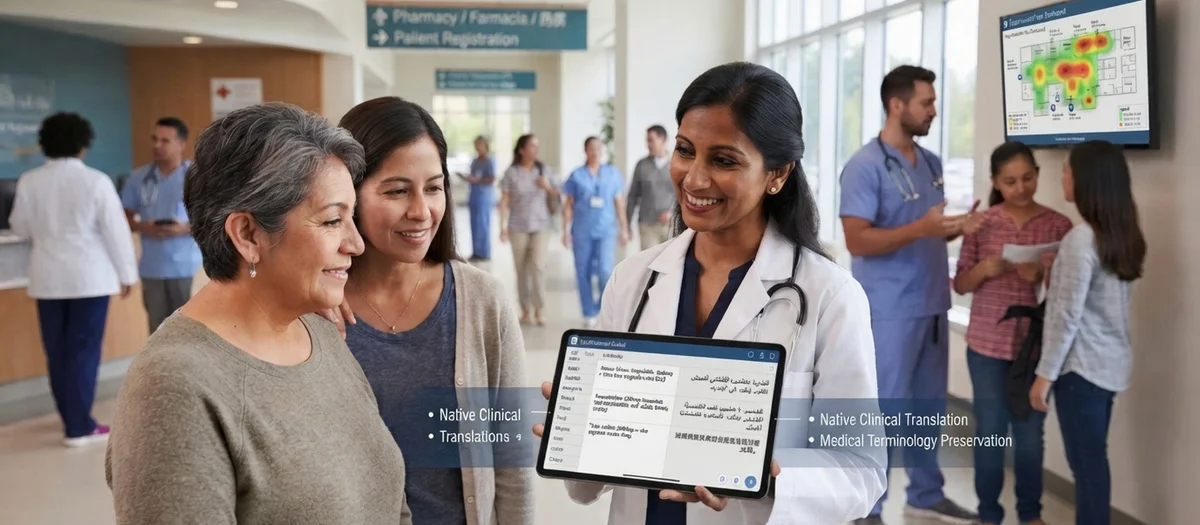 Doctor showing a patient and family member a tablet with native clinical translation, displaying medical terminology preserved across multiple languages in a hospital setting