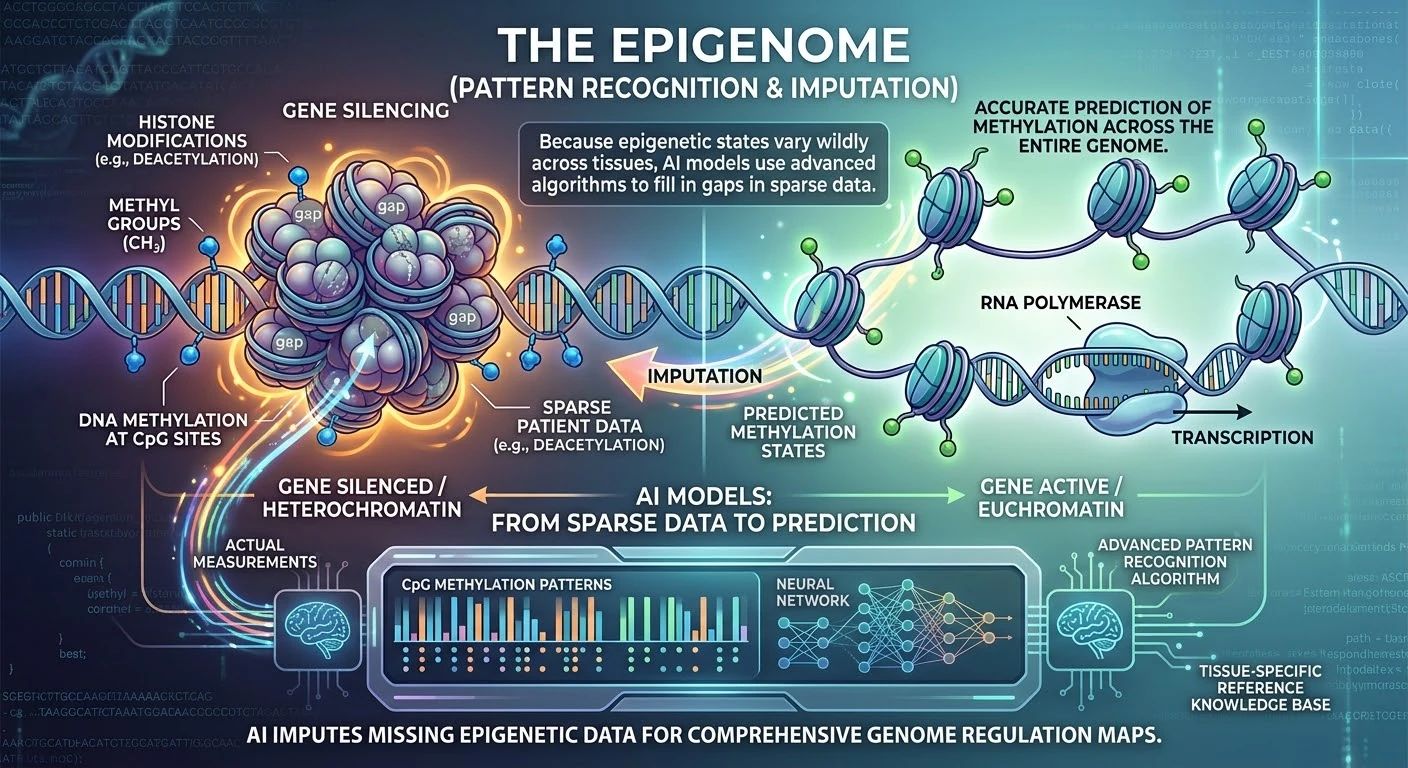 The Epigenome — DNA methylation and histone modifications determining whether a gene is silenced (heterochromatin) or active (euchromatin)