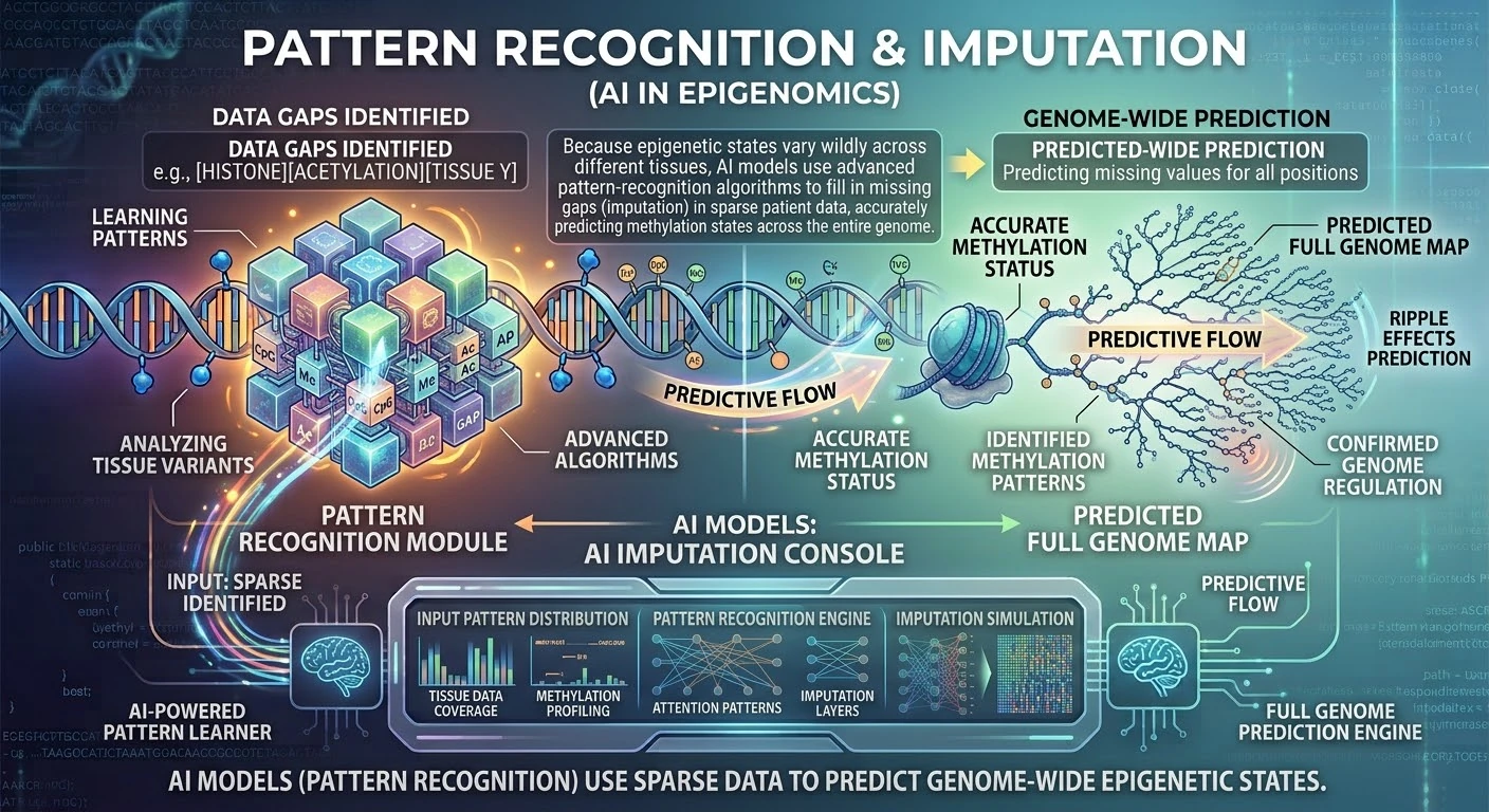 Pattern Recognition and Imputation — AI models filling in gaps in sparse patient methylation data to predict genome-wide epigenetic states