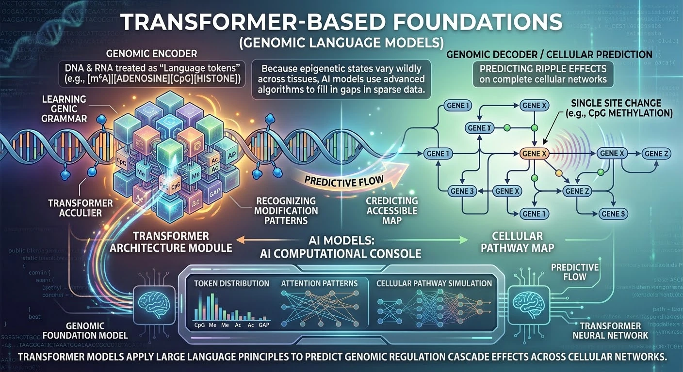 Transformer-Based Foundations — genomic language models treating DNA and RNA as language, predicting how modification sites ripple across cellular pathways
