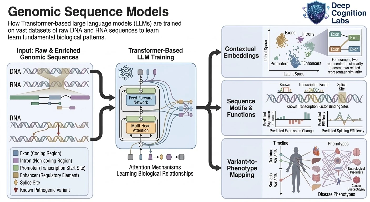 Genomic Sequence Models — transformer-based LLM training pipeline on DNA and RNA sequences, producing contextual embeddings, sequence motifs and functions, and variant-to-phenotype mapping