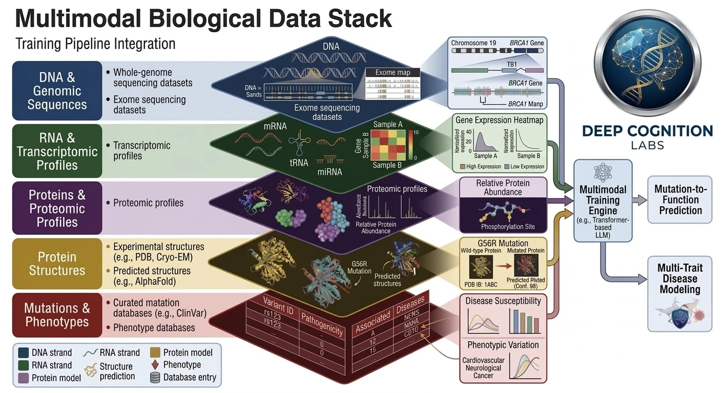 Multimodal Biological Data Stack — training pipeline integrating DNA/genomic sequences, RNA/transcriptomic profiles, proteins/proteomic profiles, protein structures, and mutation/phenotype databases into a multimodal training engine