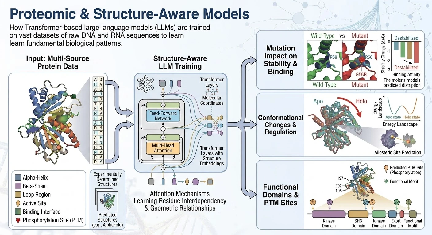 Proteomic & Structure-Aware Models — structure-aware LLM training on multi-source protein data, predicting mutation impact on stability and binding, conformational changes, and functional domains/PTM sites