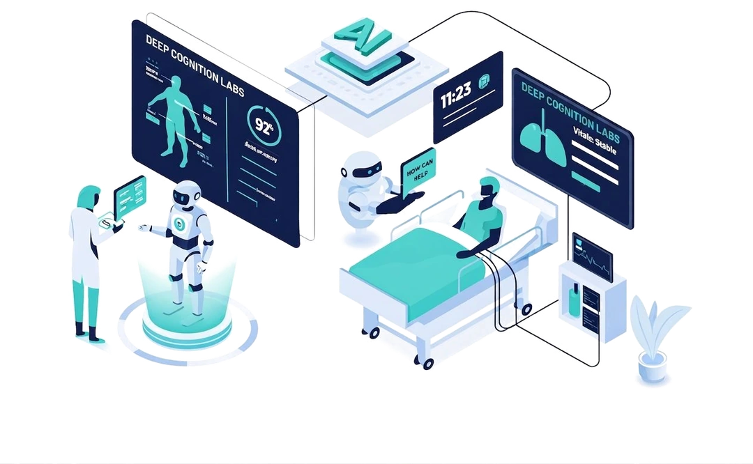 Deep Cognition Labs AI platform illustration — clinician reviewing AI diagnostics, a robotic assistant at a patient bedside, and real-time vitals monitoring