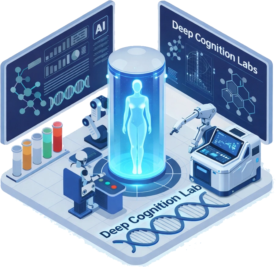 Deep Cognition Labs AI analytics — isometric lab with holographic body scan, robotic assistant, DNA helix, and AI diagnostic dashboards
