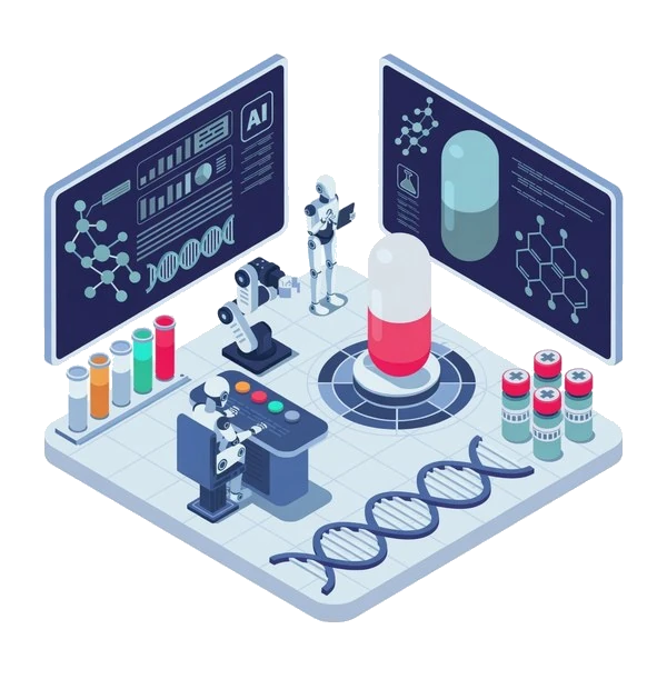 DeepCog AI Platform — medical AI laboratory with robots, DNA helix, and drug discovery screens