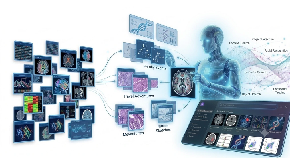 Deep Cognition Labs medical research AI — robotic AI analyzing brain scans, genomic data, and biomedical imaging with smart search capabilities